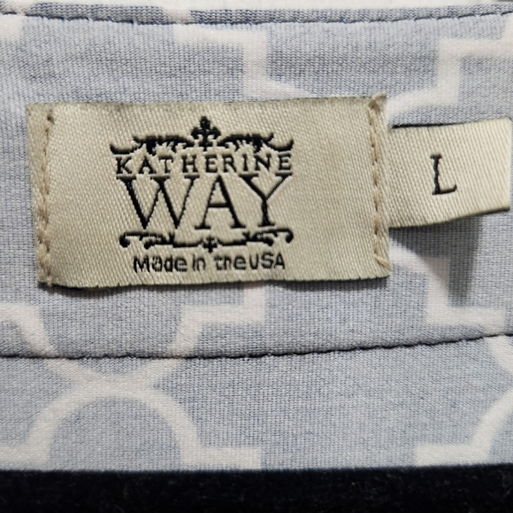 VTG Katherine Way Blue Quatrefoil Print Knee Length Sleeveless Dress Sz L Tactel - Picture 4 of 5